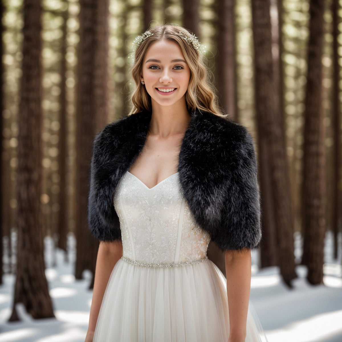 Black Faux Fur Bridal Bolero: Elbow Length Shrug, Wedding Cover-Up