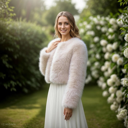 Light Beige Faux Fur Bridal Jacket: Long Sleeve Bolero Shrug