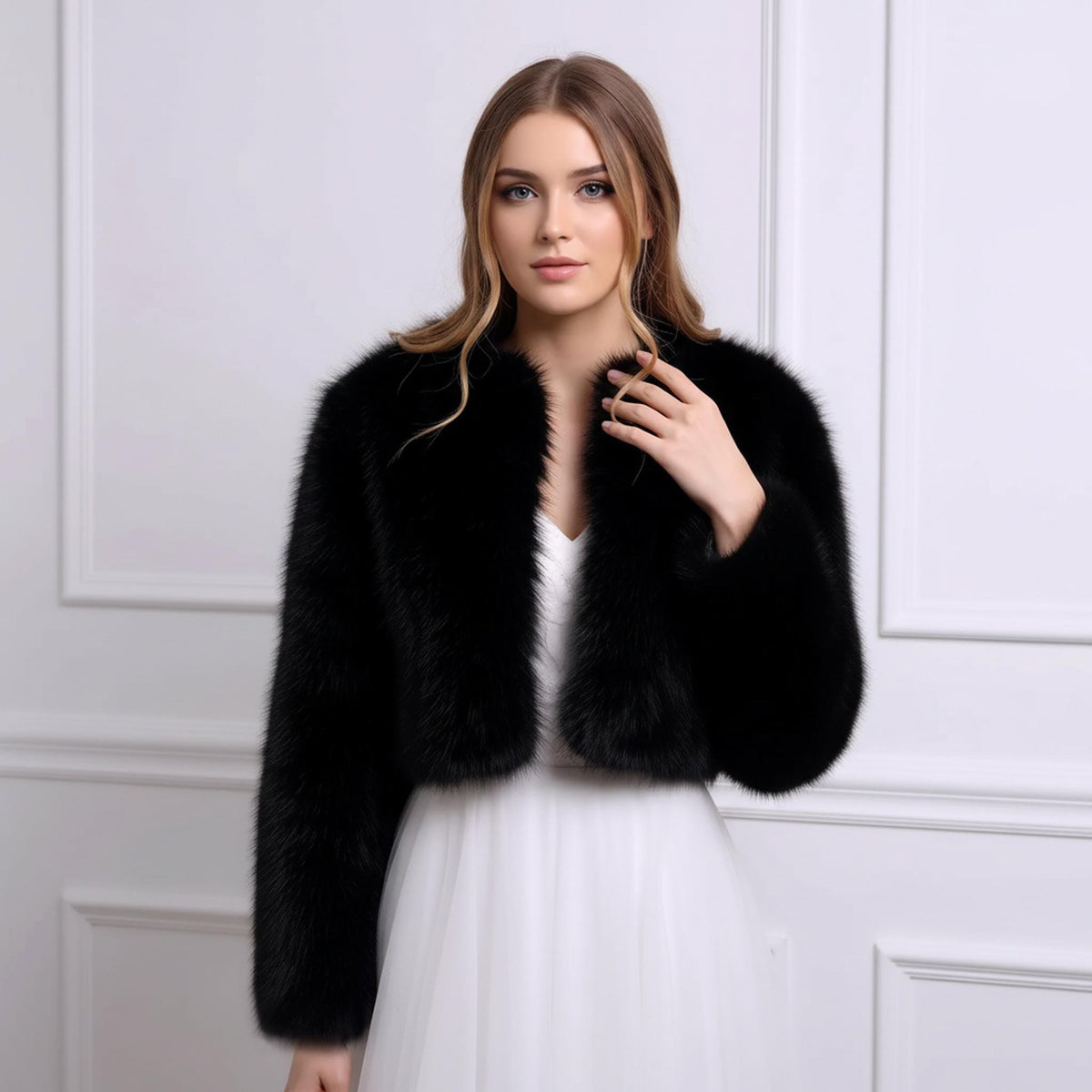 Black Faux Fur Bridal Jacket: Long Sleeve Bolero Shrug