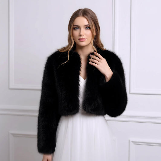 Black Faux Fur Bridal Jacket: Long Sleeve Bolero Shrug