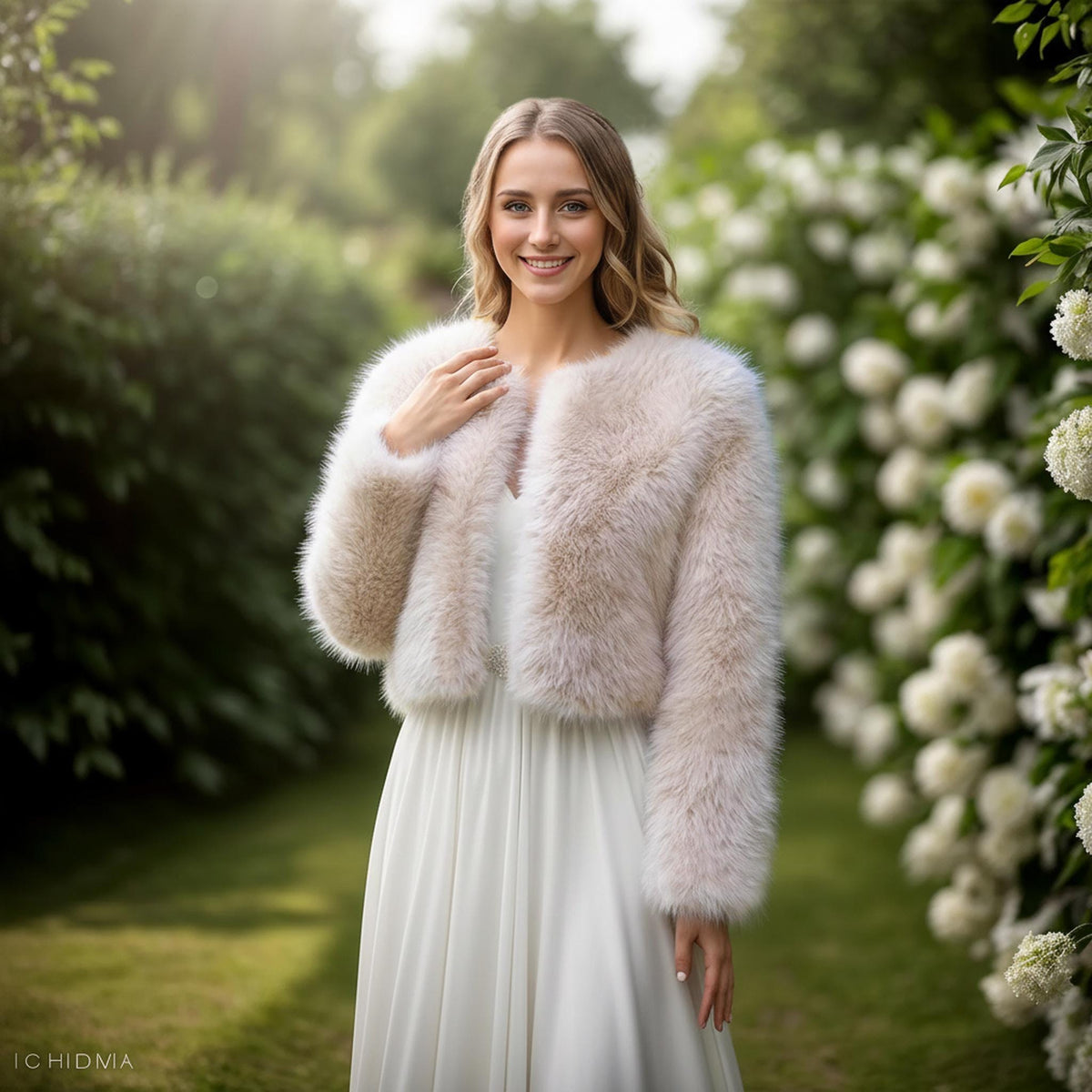 Light Beige Faux Fur Bridal Jacket: Long Sleeve Bolero Shrug