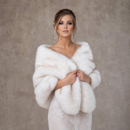 Ivory Faux Fur Wrap with Brown Tips: 20" wide Wedding Shawl Stole