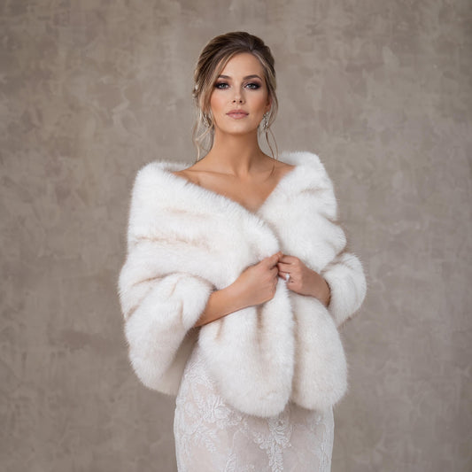 Ivory Faux Fur Wrap with Brown Tips: 20" wide Wedding Shawl Stole