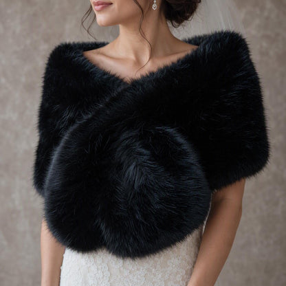 Black Faux Fur Bridal Stole, Wedding Shawl, Fleece Lined Cape