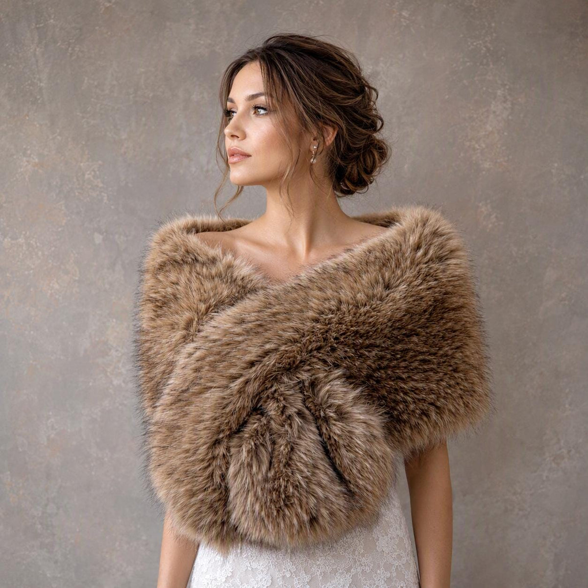 Brown faux fur wrap with black tips: Fleece Lined Wedding Shawl B021-Brown