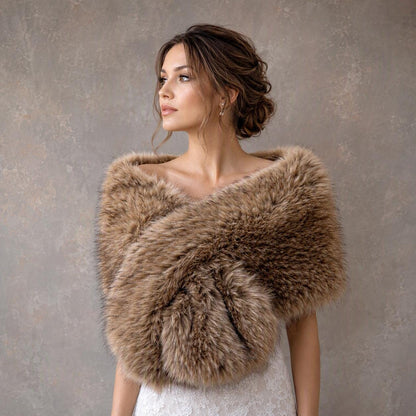 Brown faux fur wrap with black tips: Fleece Lined Wedding Shawl B021-Brown