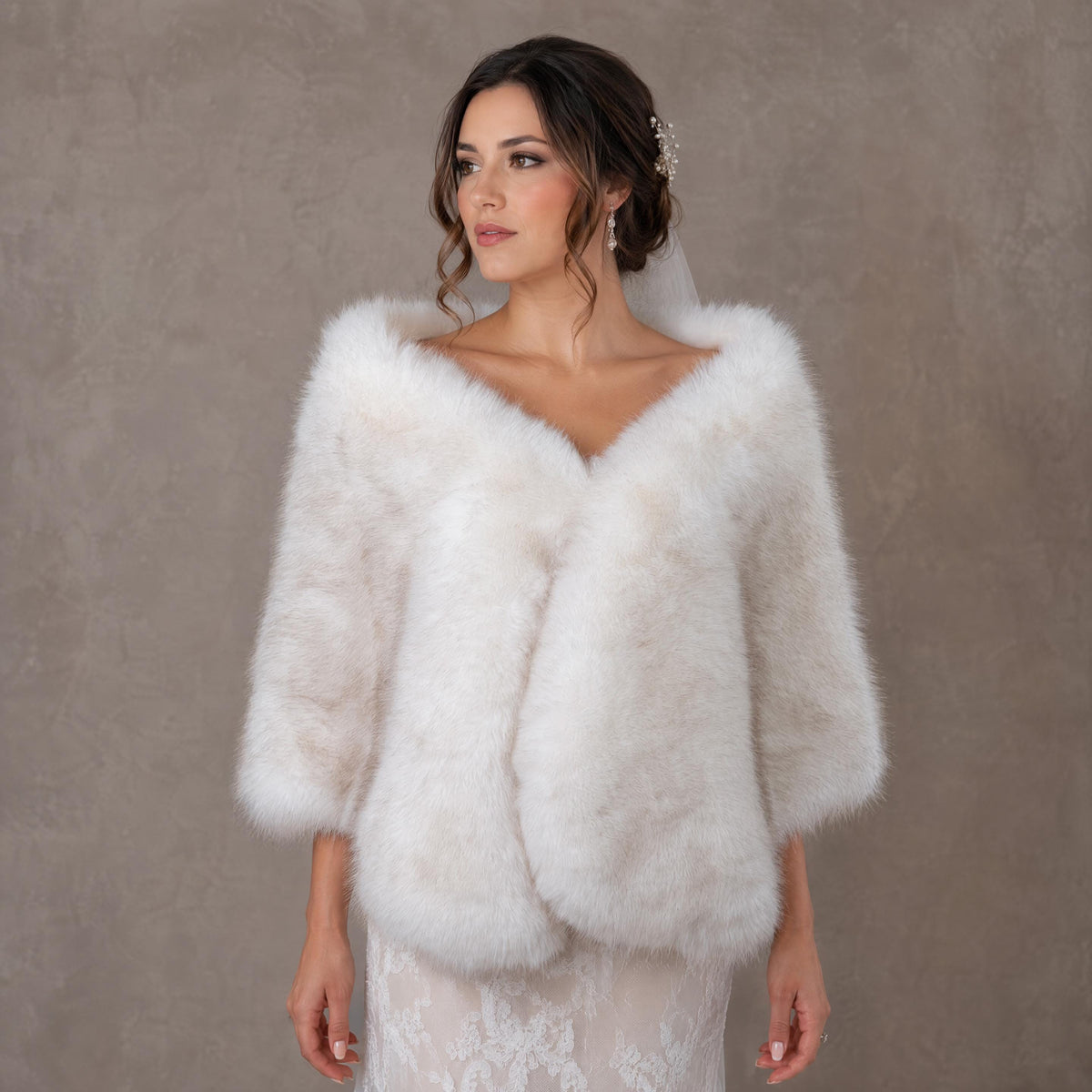 Ivory Faux Fur Wrap with Brown Tips: 20" wide Wedding Shawl Stole