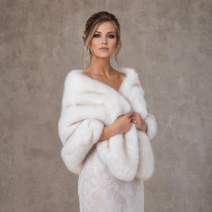 Ivory Faux Fur Wrap with Brown Tips: 20" wide Wedding Shawl Stole