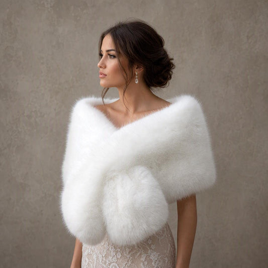 Light Ivory Faux Fur Shawl Wedding Stole, Soft Fleece Lined Bridal Wrap