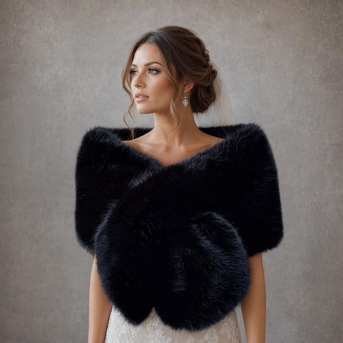 Black Faux Fur Bridal Stole, Wedding Shawl, Fleece Lined Cape