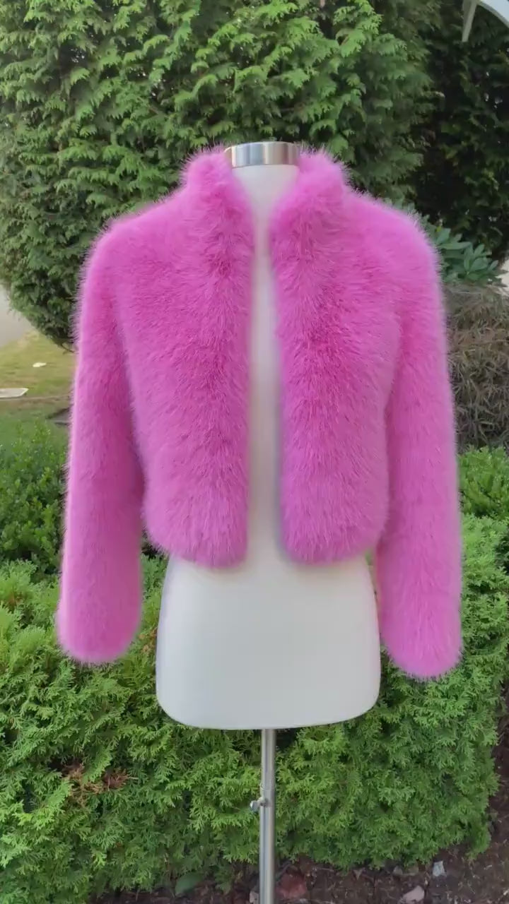 Barbie pink long sleeve faux fur jacket faux fur coat faux fur bolero faux fur shrug FJ003-hot-pink