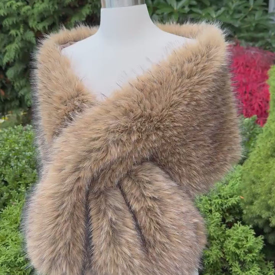Brown faux fur wrap with black tips: Fleece Lined Wedding Shawl B021-Brown