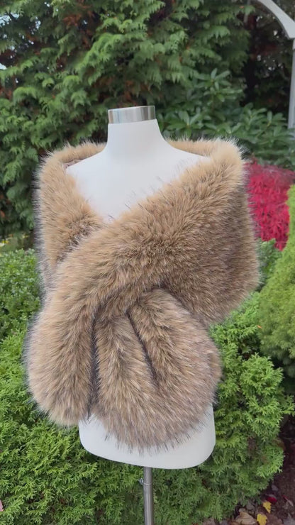 Brown faux fur wrap with black tips: Fleece Lined Wedding Shawl B021-Brown