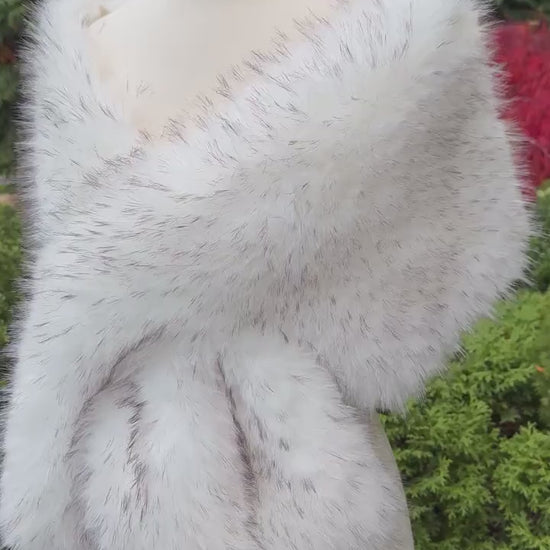 White Faux Fur Bridal Wrap with Black Tips