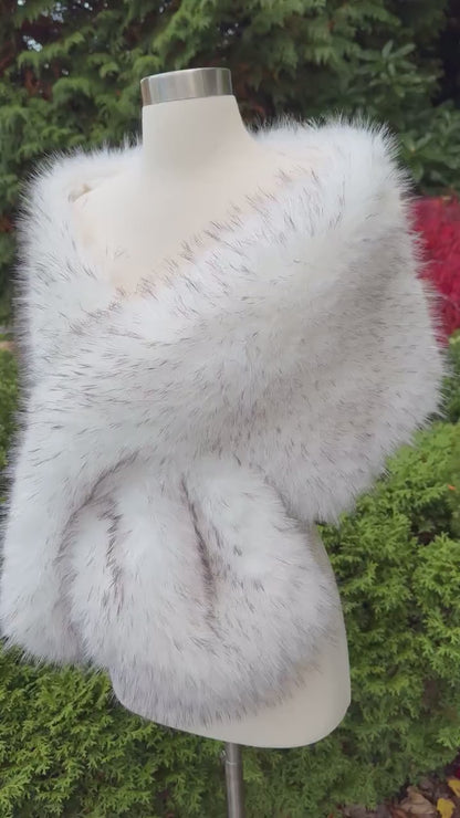 White Faux Fur Bridal Wrap with Black Tips