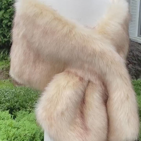 Champagne faux fur bridal wrap with brown tips, wedding faux fur shawl, faux fur stole, bridal cape, faux fur shrug B005-champagne