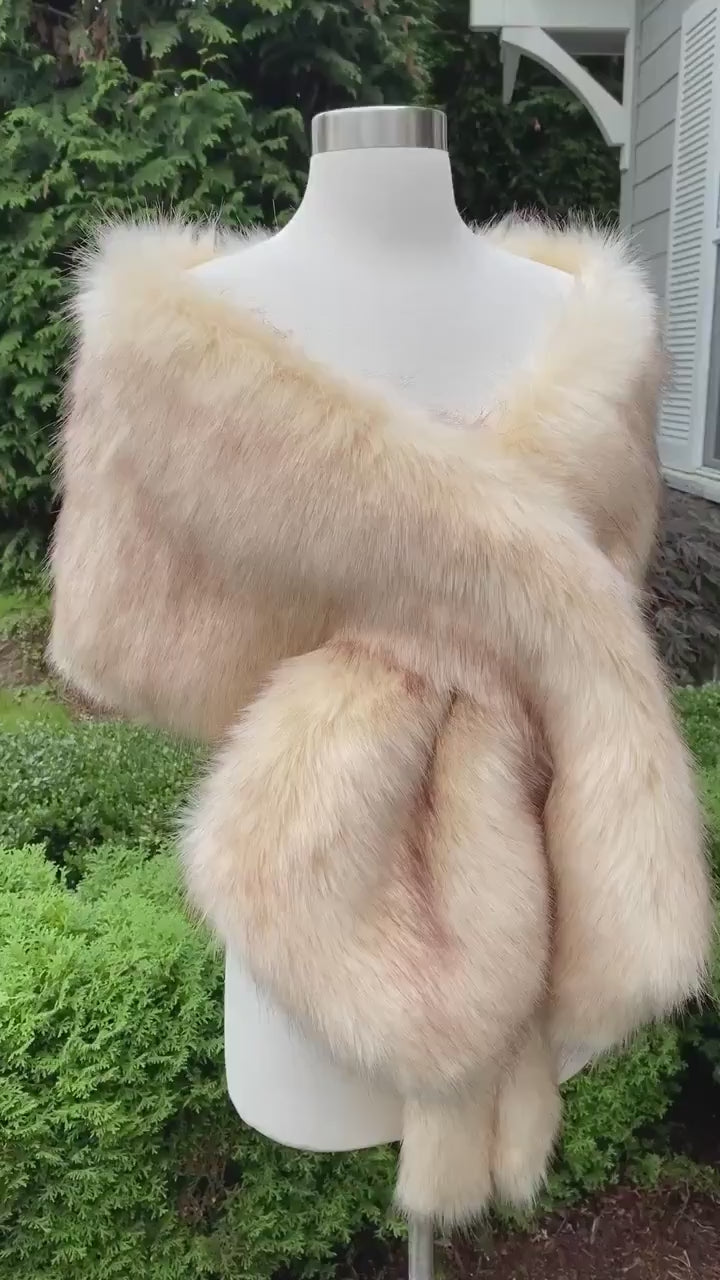 Champagne faux fur bridal wrap with brown tips, wedding faux fur shawl, faux fur stole, bridal cape, faux fur shrug B005-champagne