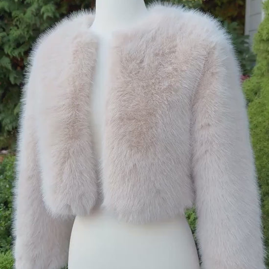 Light Beige Faux Fur Bridal Jacket: Long Sleeve Bolero Shrug