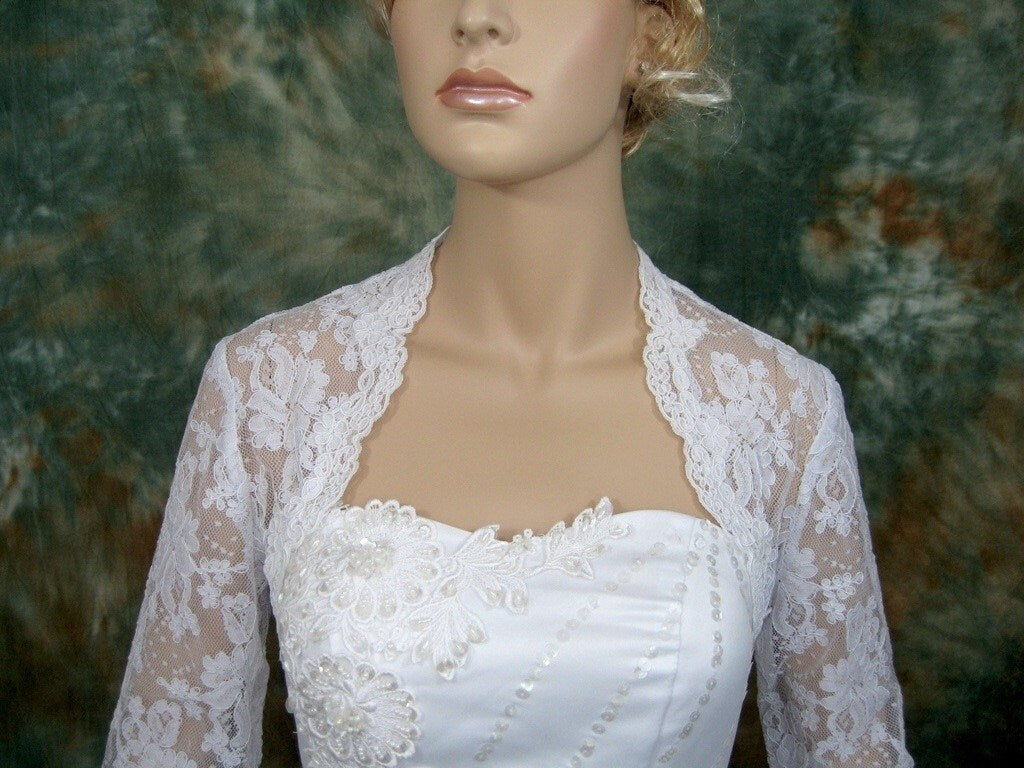 Lace bolero, wedding bolero, white 3/4 sleeve bridal alencon lace wedding bolero jacket