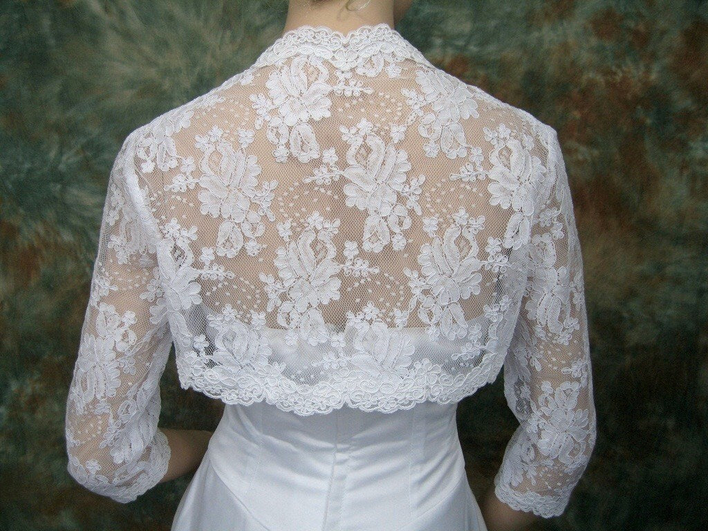 Lace bolero, wedding bolero, white 3/4 sleeve bridal alencon lace wedding bolero jacket