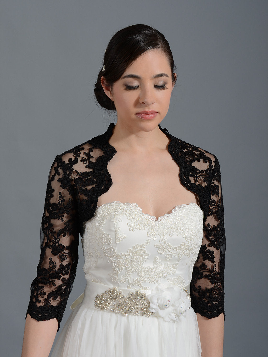 Wedding bolero, lace bolero, bridal bolero jacket, black bolero, 3/4 sleeve lace bolero, keyhole back, alencon lace