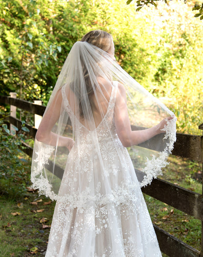 Wedding veil, bridal veil, wedding veil ivory, wedding veil lace trim, beaded lace veil, beaded veil, elbow length fingertip length V107e