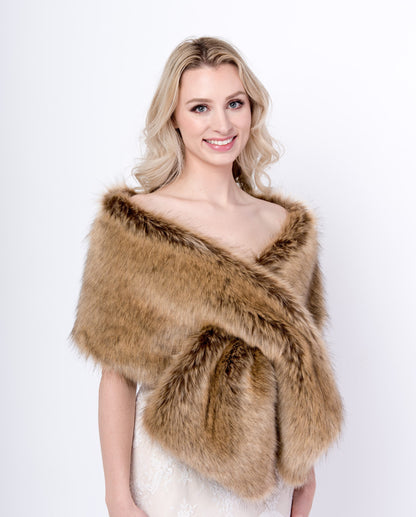 Brown faux fur wrap, faux fur stole high imitation, faux fur shawl, bridal wrap faux fur shrug B005-fox