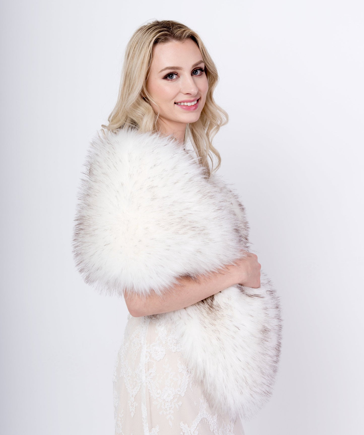 White faux fur wrap faux fur stole faux fur shawl bridal wrap faux fur shrug B005-white-darker-tips