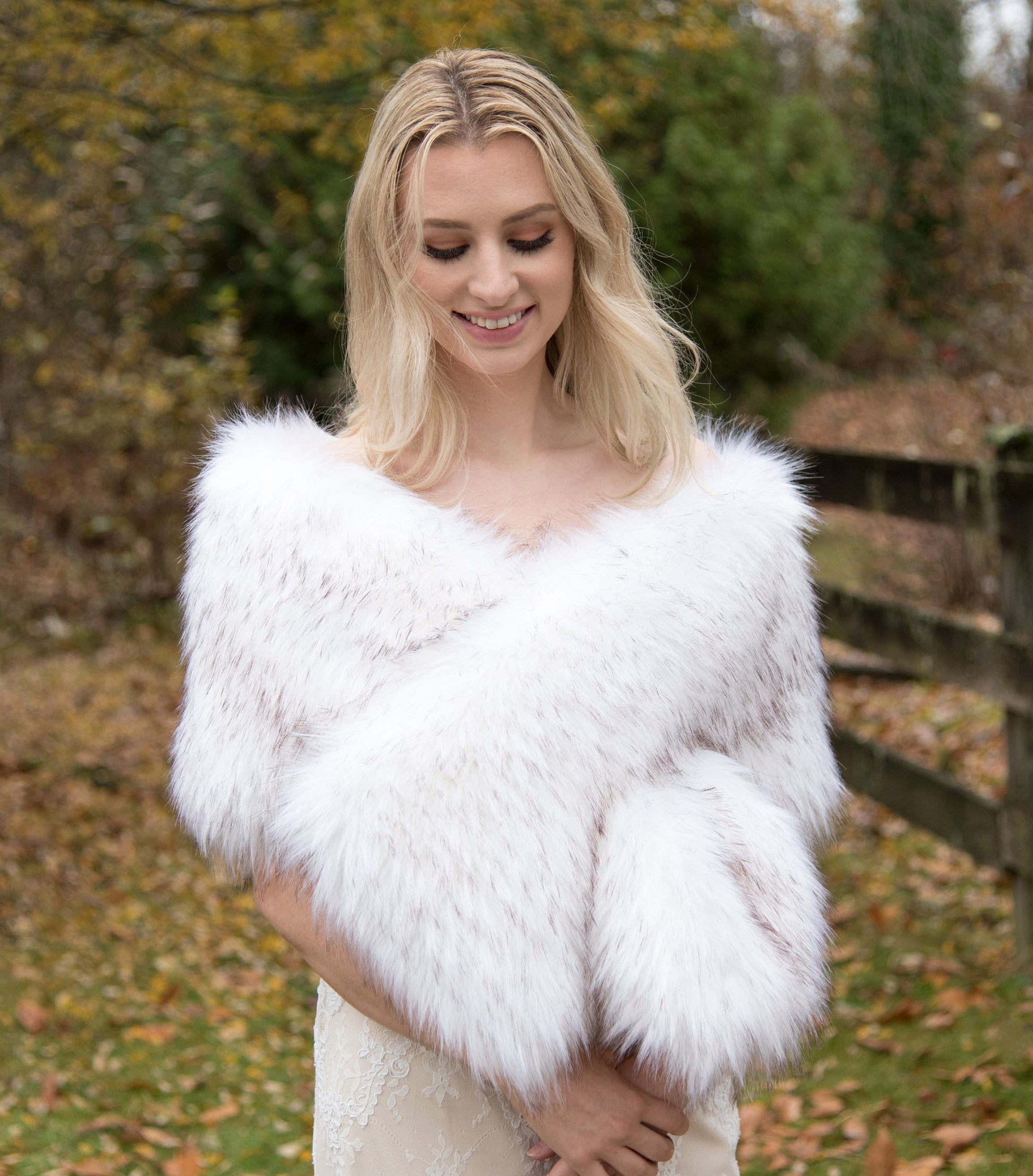 White faux fur wrap faux fur stole faux fur shawl bridal wrap faux fur shrug B005-white-darker-tips