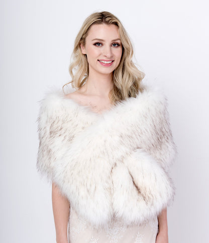 White faux fur wrap faux fur stole faux fur shawl bridal wrap faux fur shrug B005-white-darker-tips
