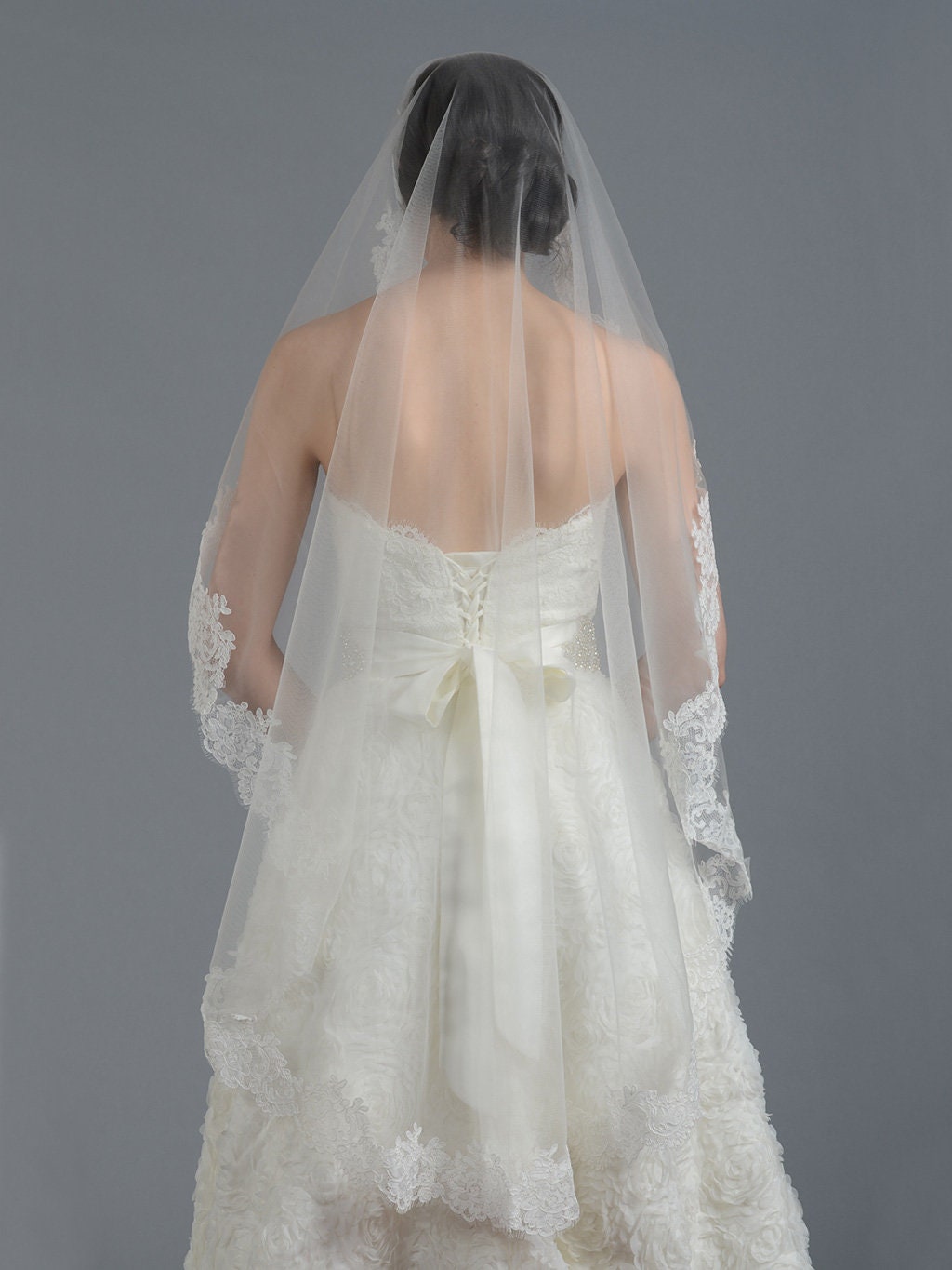 wedding veil, bridal veil, mantilla veil, fingertip length veil, alencon lace veil, wedding veil ivory, wedding veil elbow