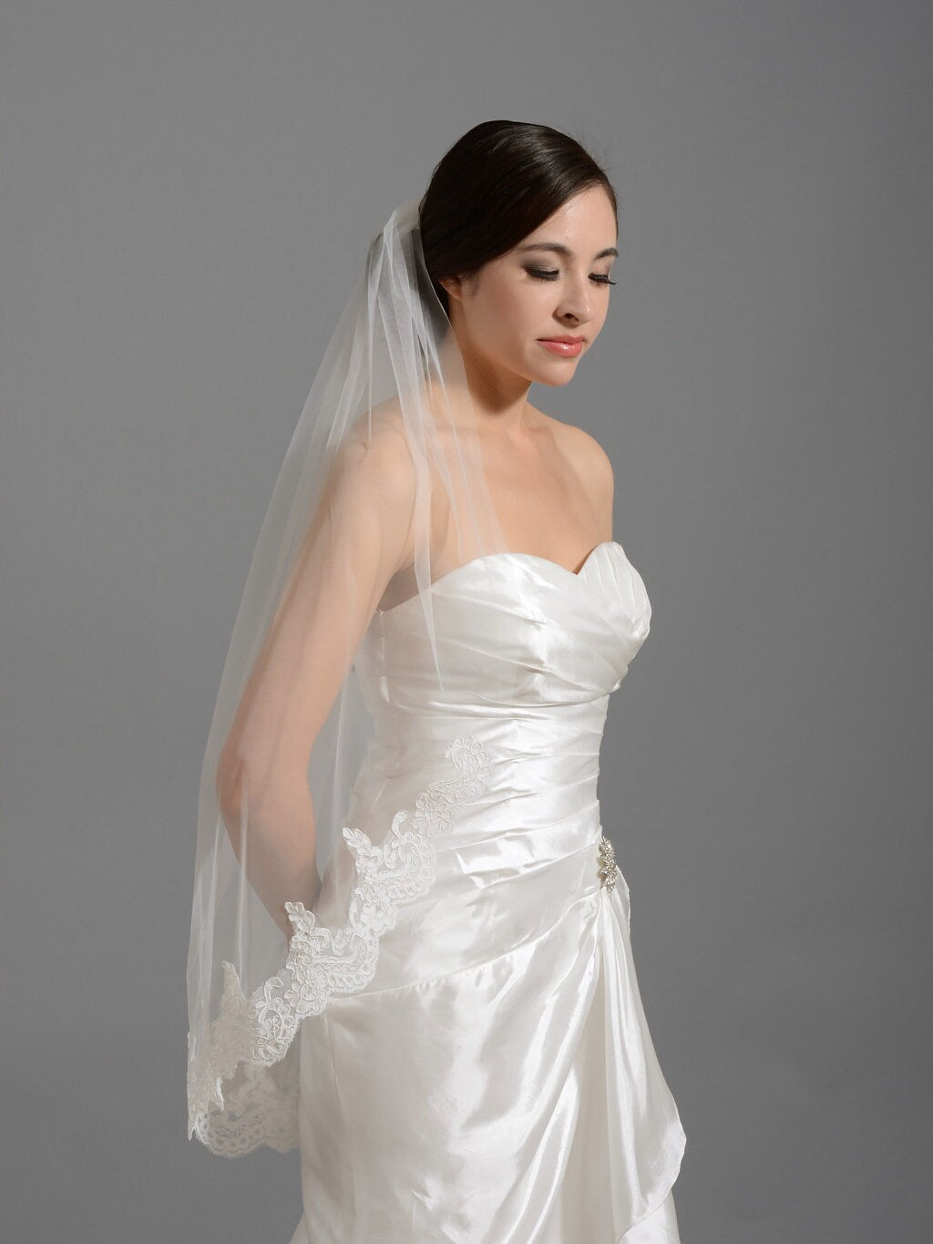 wedding veil, bridal veil, mantilla veil, fingertip length veil, alencon lace veil, wedding veil ivory