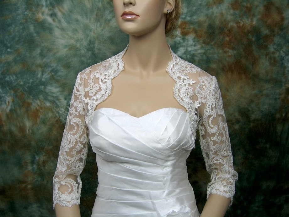 Ivory wedding bolero, lace bolero, bridal bolero jacket, Ivory bolero, white bolero, 3/4 sleeve lace bolero, alencon lace