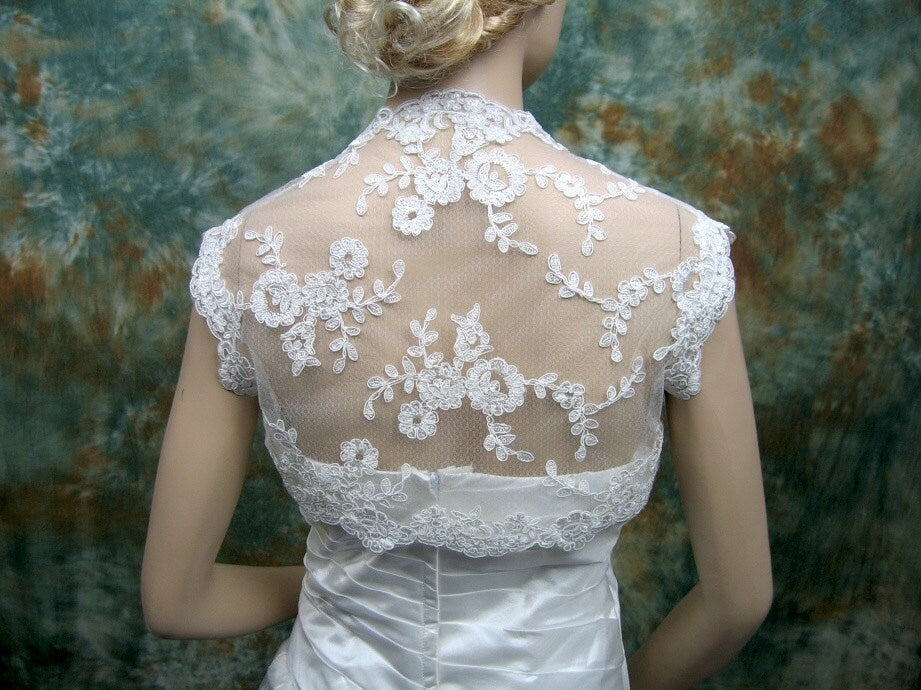 Ivory sleeveless bridal shrug alencon lace bolero jacket wedding bolero wedding jacket bridal bolero bridal jacket