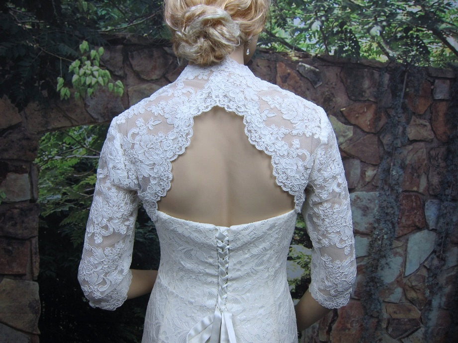 Wedding bolero, lace bolero, wedding jacket, bridal bolero, White lace bolero, 3/4 sleeve, keyhole back, alencon lace