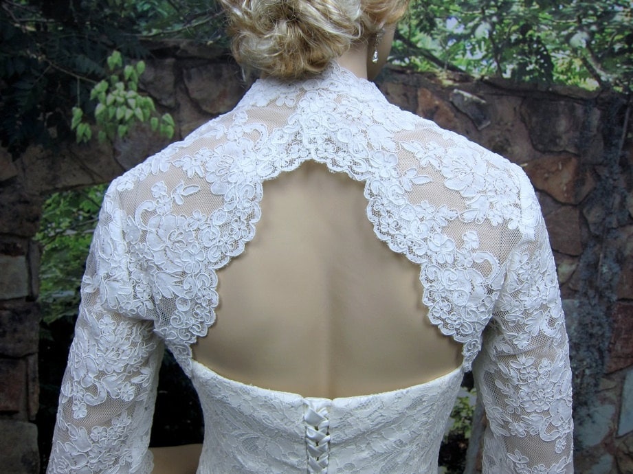 Wedding bolero, lace bolero, wedding jacket, bridal bolero, White lace bolero, 3/4 sleeve, keyhole back, alencon lace