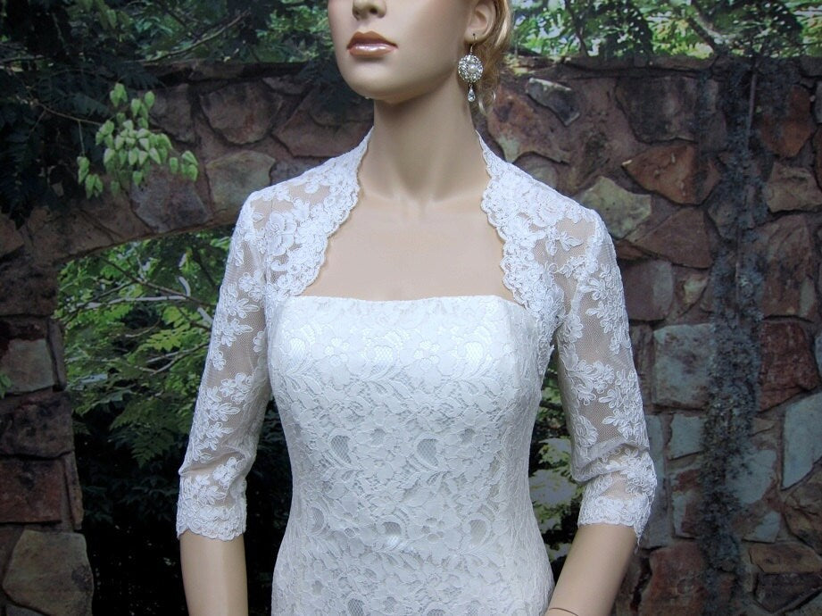 Wedding bolero, lace bolero, wedding jacket, bridal bolero, White lace bolero, 3/4 sleeve, keyhole back, alencon lace