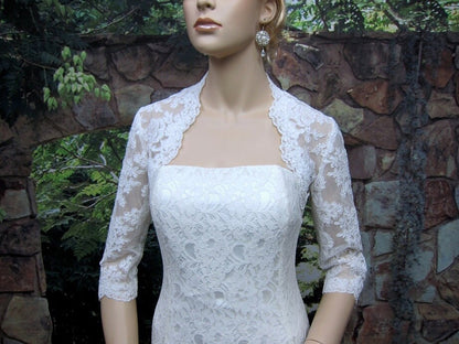 Wedding bolero, lace bolero, wedding jacket, bridal bolero, White lace bolero, 3/4 sleeve, keyhole back, alencon lace