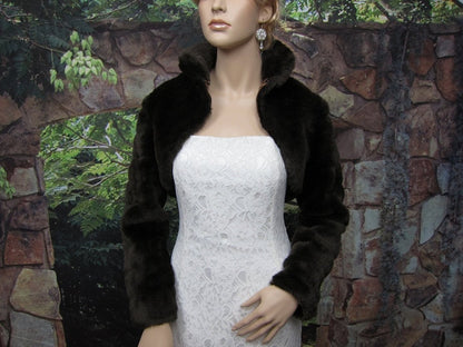 Brown faux fur bolero faux fur shrug long sleeve faux fur jacket FB001-Brown