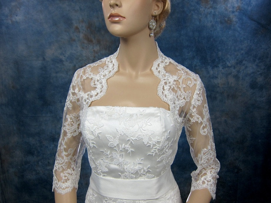 Wedding bolero, lace bolero, bridal bolero jacket, Ivory bolero, 3/4 sleeve lace bolero, keyhole back, alencon lace