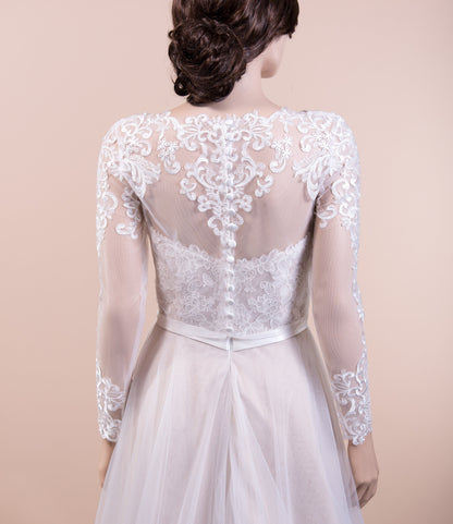 Ivory long sleeve wedding dress topper buttoned back lace bolero wedding bolero wedding jacket bridal bolero boat neck