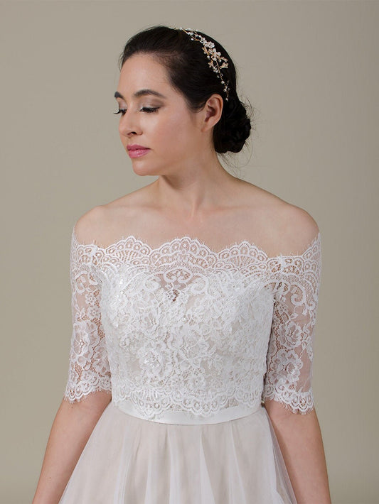 off shoulder lace topper | bridal lace topper | bridal lace jacket | bridal separates