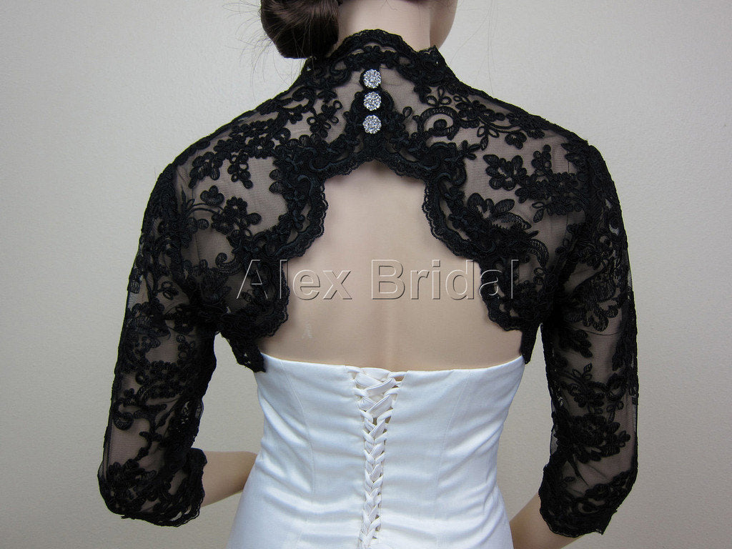 Wedding bolero, lace bolero, bridal bolero jacket, black bolero, 3/4 sleeve lace bolero, keyhole back, alencon lace