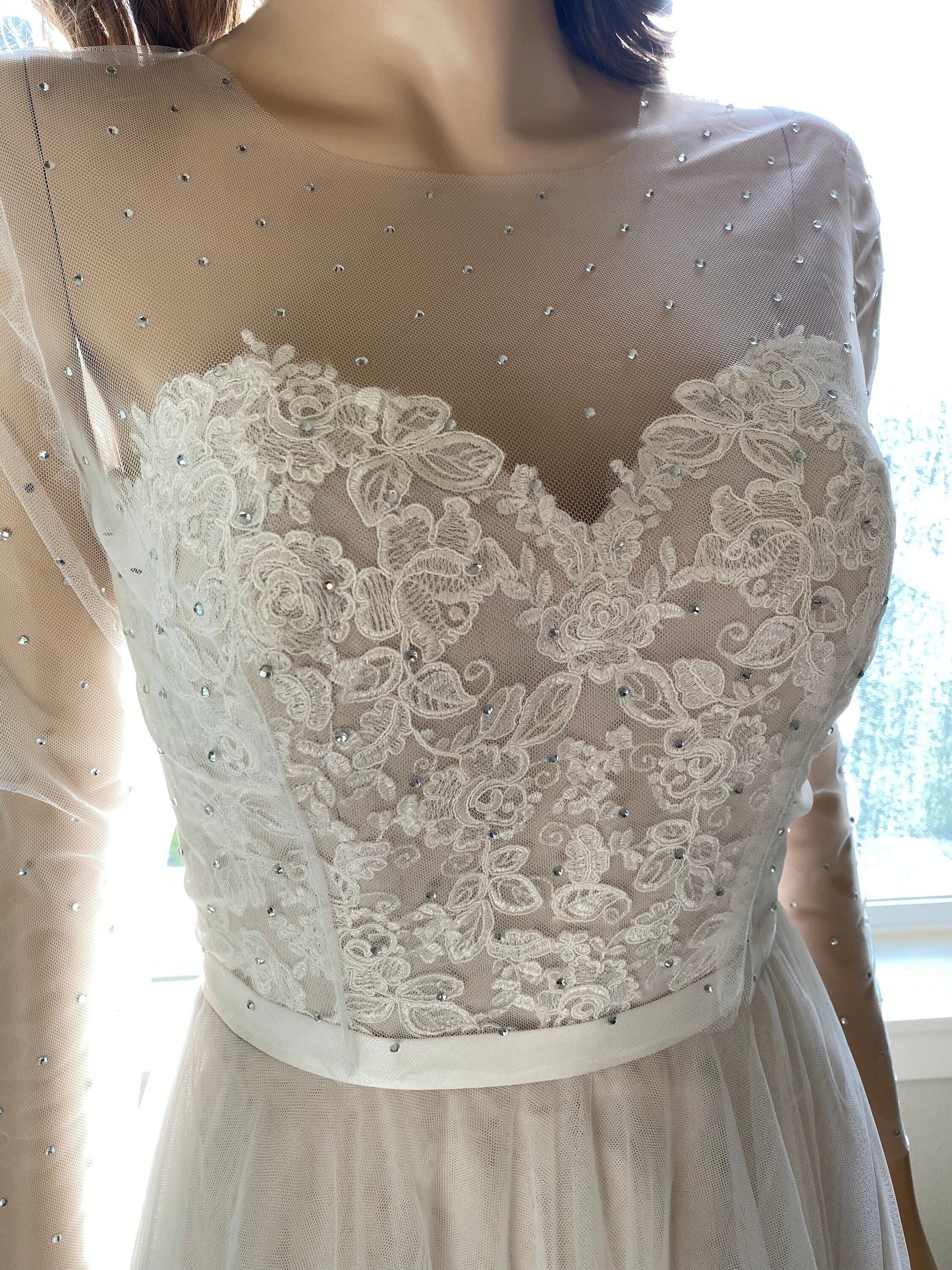 Rhinestone wedding dress topper in ivory color, buttoned back, wedding bolero, wedding jacket, bridal bolero, boat neck