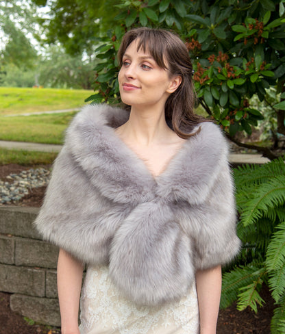 Gray faux fur wrap with brown tips faux fur stole faux fur shawl bridal wrap faux fur shrug