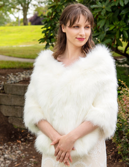 20" wide ivory faux fur bridal wrap, wedding faux fur shawl, bridal faux fur stole, bridal wrap, wedding cape B010-ivory