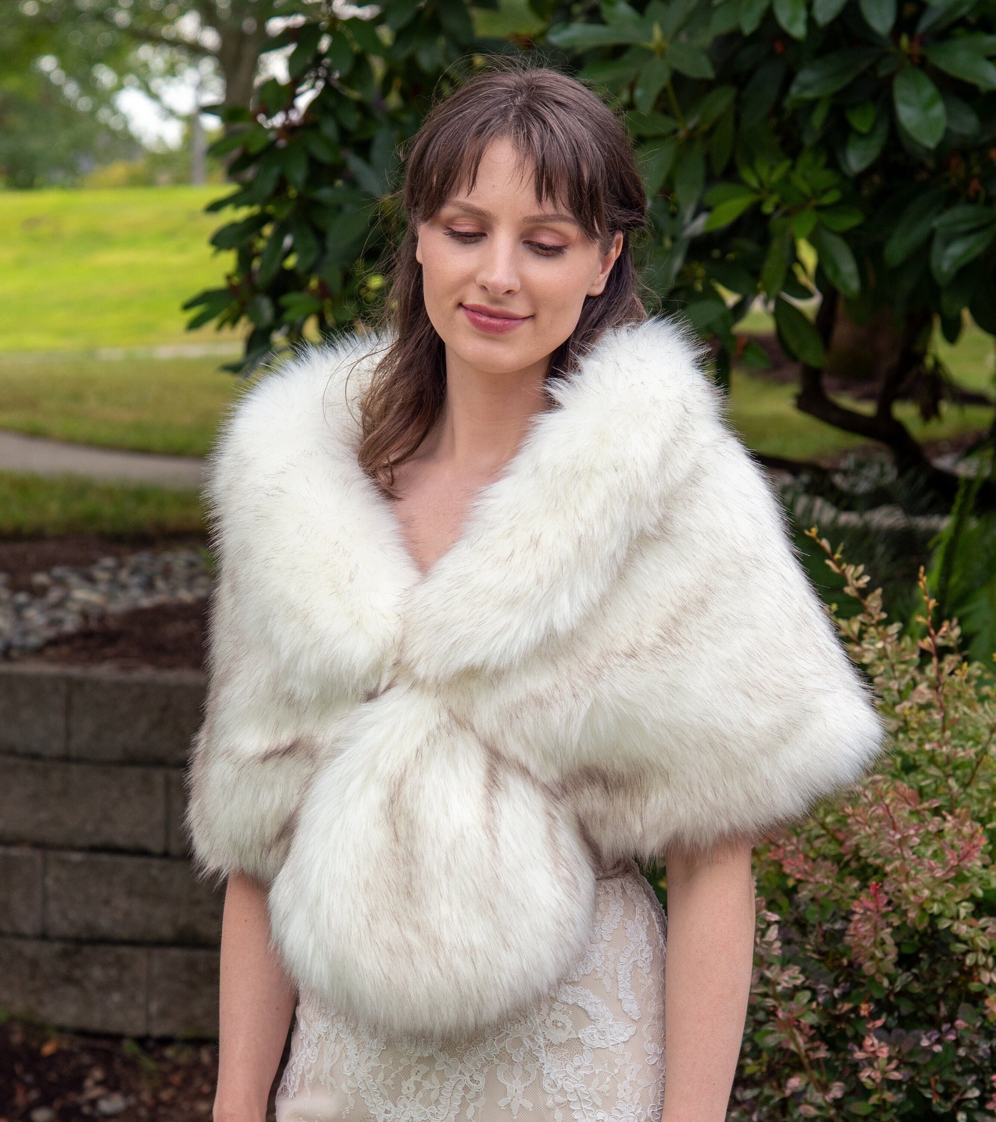 Ivory faux fur wrap with brown tips faux fur stole faux fur shawl bridal wrap faux fur shrug