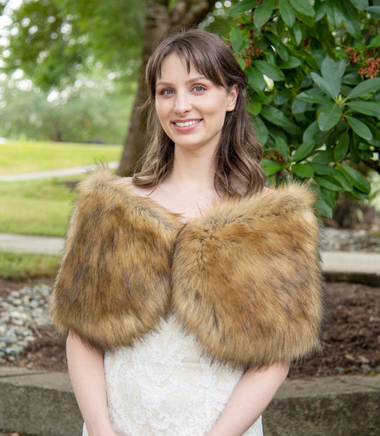 Brown faux fur bridal wrap, wedding faux fur shawl, faux fur bridal stole, faux fur cape B012-Brown