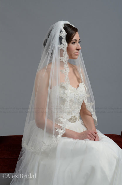 wedding veil, bridal veil, chapel length veil, alencon lace veil, wedding veil ivory