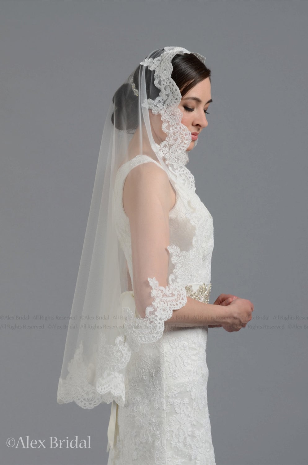 Ivory wedding veil, bridal veil, mantilla veil, elbow length veil, alencon lace veil, wedding veil ivory